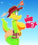  2017 anthro arrow australian belt breasts clothed clothing croc_(vimhomeless) crocodile crocodilian english_text female fingerless_gloves gloves hat reptile scalie shorts side_boob solo text topless vimhomeless 