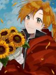  alphonse_elric bad_id bad_pixiv_id black_shirt bouquet brown_hair coat conqueror_of_shambala eyebrows_visible_through_hair flower fullmetal_alchemist gloves grey_eyes happy highres leaf long_hair looking_at_viewer male_focus petals ponytail red_coat shirt sky smile solo sunflower yuuremon 