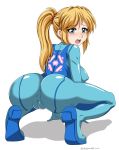  1girl ass barefoot blonde_hair blue_eyes blush bodysuit breasts cameltoe erect_nipples eyebrows_visible_through_hair from_behind looking_at_viewer looking_back metroid nintendo nipples open_mouth ponytail samus_aran shuffledyandere skin_tight soles solo squatting white_background zero_suit 