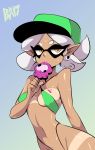  2017 bigdead93 bikini breasts cephalopod clothing ear_piercing eatting female food hair humanoid inkling looking_at_viewer marie_(splatoon) marine navel nintendo not_furry piercing pointy_ears popsicle portrait seductive shiny_skin signature simple_background solo splatoon squid suntan sweat sweatdrop swimsuit tan_line tentacle_hair tentacles video_games white_hair yellow_eyes 