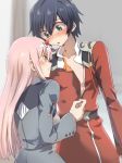  1girl :o aqua_eyes assisted_exposure black_hair blush commentary_request cosplay costume_switch couple crossdressing darling_in_the_franxx dress eyebrows_visible_through_hair hair_between_eyes herozu_(xxhrd) hiro_(darling_in_the_franxx) hiro_(darling_in_the_franxx)_(cosplay) horns long_hair long_sleeves looking_at_another military military_uniform nose_blush pink_hair red_dress smile undressing uniform zero_two_(darling_in_the_franxx) zero_two_(darling_in_the_franxx)_(cosplay) zipper 