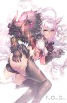  agrius_metamorphosis aguy animal_ears ass atalanta_(alter)_(fate) atalanta_(fate) bangs black_gloves black_panties blush breasts commentary copyright_name elbow_gloves eyebrows_visible_through_hair fate/grand_order fate_(series) fur-trimmed_gloves fur_trim gloves green_eyes hair_between_eyes hand_on_own_ass long_hair looking_at_viewer lying medium_breasts multiple_tails on_side panties parted_lips silver_hair simple_background slit_pupils solo tail two_tails underwear very_long_hair white_background yellow_eyes 