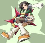  black_eyes black_hair black_legwear blush closed_mouth crop_top eyebrows final_fantasy final_fantasy_vii full_body garter_straps green_background green_shirt headband holding holding_weapon huge_weapon io_naomichi leg_warmers navel ninja open_fly orange_footwear ribbed_shirt shirt shoes short_hair shorts shoulder_pads shuriken silhouette single_bare_shoulder single_thighhigh sleeveless sleeveless_shirt smile sneakers solo stomach thighhighs v-shaped_eyebrows weapon white_legwear white_shorts yuffie_kisaragi 