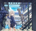  bag bangs bridge commentary day expressionless floating hair_between_eyes hands_in_pockets jacket jpeg_artifacts long_hair looking_at_viewer looking_back mechanical original poco_(asahi_age) purple_eyes railing shark shorts sky solo stairs standing very_long_hair water white_hair 