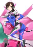  ass bangs blue_bodysuit bodysuit breasts brown_eyes brown_hair bubble_blowing bunny chewing_gum covered_navel d.va_(overwatch) eyebrows eyebrows_visible_through_hair facial_mark gloves hand_on_hip headphones io_naomichi leg_up long_hair mecha meka_(overwatch) overwatch ribbed_bodysuit simple_background small_breasts solo straight_hair swept_bangs turtleneck whisker_markings white_background white_gloves 