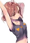  ahoge arm_up armpits arms_behind_head arms_up bangs bare_arms black_shirt bra bra_strap breasts brown_eyes brown_hair closed_mouth collarbone dsmile heart heart_print midriff misaka_mikoto navel shirt small_breasts solo stomach to_aru_kagaku_no_railgun to_aru_majutsu_no_index underwear white_background 