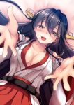  bangs bare_shoulders black_hair blush breasts brown_eyes cleavage collarbone commentary_request detached_sleeves eyebrows_visible_through_hair hair_between_eyes hair_ornament hairband hairclip half-closed_eyes haruna_(kantai_collection) headgear japanese_clothes kantai_collection large_breasts long_hair looking_at_viewer lying no_bra nontraditional_miko on_back open_mouth reaching_out red_skirt remodel_(kantai_collection) saboten_teishoku sidelocks skirt smile solo 