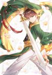  bell brown_eyes cardcaptor_sakura chinese_clothes gomzi green_eyes hat jian_(weapon) li_xiaolang male_focus pommel_tassel sash short_hair solo wide_sleeves 