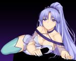  bare_shoulders blue_eyes blue_hair blue_legwear blue_nails blue_scrunchie bnc_(bunshi) breasts capelet caster_lily censored choker cleavage commentary_request fate/grand_order fate_(series) hair_ornament hair_scrunchie handjob light_blush long_hair looking_at_viewer medium_breasts nail_polish penis pointy_ears ponytail scrunchie see-through solo_focus thighhighs 