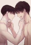  2boys bandage black_hair blood eren_yeager levi_(shingeki_no_kyojin) male male_focus multiple_boys nude shingeki_no_kyojin shirtless 