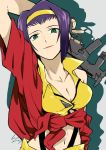  bare_arms breasts cleavage closed_mouth collarbone cowboy_bebop eyebrows faye_valentine fingernails green_eyes gun hairband holding holding_gun holding_weapon io_naomichi lips looking_at_viewer medium_breasts navel pink_lips popped_collar purple_hair short_hair silhouette single_bare_shoulder sleeveless smile solo stomach suspenders trigger_discipline upper_body weapon yellow_hairband 
