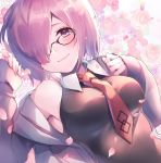  :3 arm_up black-framed_eyewear breasts cherry_blossoms collar commentary_request eyelashes fate/grand_order fate_(series) floral_background flower glasses hair_over_one_eye highres jacket large_breasts lavender_hair looking_at_viewer mash_kyrielight necktie neko-san_(dim.dream) off_shoulder petals pink_hair purple_eyes purple_hair rose shirt short_hair sleeveless sleeveless_shirt sleeves_past_wrists smile 