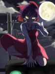  bangs barefoot bow cat_girl cloud dress evil_grin evil_smile full_body full_moon gegege_no_kitarou green_eyes grin hair_bow long_sleeves looking_at_viewer monster_girl moon nekomusume nekomusume_(gegege_no_kitarou_6) night one_knee pointy_ears purple_hair red_bow red_dress sharp_teeth shirt short_hair slit_pupils smile solo teeth telephone_pole traffic_light white_shirt yuuka_(a0240765) 