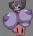  2018 anthro arachnid areola arthropod big_breasts black_hair breasts clothed clothing fangs female hair hair_ribbon holding_breast huge_breasts hyper hyper_breasts looking_at_viewer muffet multi_arm multi_eye multi_limb nipples non-mammal_breasts petronoise purple_nipples ribbons simple_background smile solo spider undertale video_games 