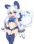  2018 animal_humanoid blue_eyes bracelet breasts clothing fangs female hair hi_res humanoid jewelry legwear mammal monster_super_league navel portrait simple_background slugbox small_breasts smile solo stockings thigh_highs three-quarter_portrait white_hair yeti yeti_(monster_super_league) 