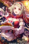  :o azalea4 bare_shoulders bird blonde_hair braid breasts cape chicken cleavage copyright_name detached_sleeves food grand_sphere hairband holding holding_plate indoors large_breasts long_hair official_art plate red_cape red_eyes red_hairband sparkle standing watermark 