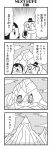  4koma :3 animal_ears bangs bkub blunt_bangs calimero_(bkub) cellphone chakapi closed_eyes comic dog_ears greyscale halftone highres holding holding_phone honey_come_chatka!! jacket monochrome mountain multiple_girls phone scarf scrunchie short_hair simple_background smartphone smile snout speech_bubble talking topknot translation_request two-tone_background 
