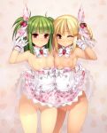  2girls 3: ;) arm_behind_back assisted_exposure asymmetrical_docking bangs bare_shoulders beatmania beatmania_iidx blonde_hair blunt_bangs blush bottomless bow braid breast_press breasts buttons decensored detached_collar dress dress_lift dress_pull flashing food_print food_themed_hair_ornament gloves gluteal_fold green_hair hair_ornament highres hishimiya_tsugaru kinoshita_ichi looking_at_viewer matching_outfit multiple_girls nipples no_bra one_eye_closed pink_dress print_dress pussy red_eyes short_dress side-by-side side_braid small_breasts smile sparkle strapless strapless_dress strawberry_background strawberry_hair_ornament strawberry_print third-party_edit two_side_up uncensored undressing v white_gloves xiatian_(beatmania_iidx) yuri 