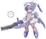  bangs breasts brown_leotard closed_mouth commentary_request covered_navel desktop_army eyebrows_visible_through_hair frea_nabbit_(desktop_army) gun hair_between_eyes hand_up holding holding_gun holding_weapon karukan_(monjya) leotard looking_at_viewer mecha_musume purple_eyes purple_hair short_hair sidelocks small_breasts solo standing weapon 