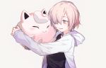  crossover fate/grand_order fate_(series) hoodie hug jigglypuff matthew_kyrielite pink_eyes pink_hair pokemon popokuri short_hair waifu2x white 