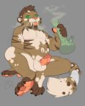  2018 5_fingers anthro balls belly bong drugs erection fangs feet feline fur green_eyes hair hi_res humanoid_penis male mammal paws penis poisewritik signature simple_background slightly_chubby smoke smoking solo spots teeth tongue 