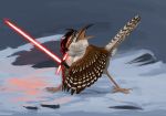  2018 ambiguous_gender avian beak brown_beak brown_feathers claws feathered_wings feathers feral hibbary kylo_ren lightsaber open_mouth snow solo spread_wings star_wars white_belly white_feathers wings wren 