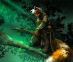  2018 angiewolf anthro arrow black_nose bow clothed clothing day detailed_background digital_media_(artwork) hair holding_object holding_weapon male mammal outside red_panda solo weapon white_hair 