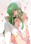  bangs blush breasts c.c. china_dress chinese_clothes cleavage cleavage_cutout code_geass commentary_request creayus double_bun dress food frilled_dress frills green_hair long_hair looking_at_viewer petals pink_frills pizza shiny shiny_skin solo thighhighs white_legwear yellow_eyes 
