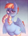  2018 blue_background blue_feathers blush chest_tuft clothing cute cutie_mark equine eyebrows eyelashes feathered_wings feathers female feral freckles friendship_is_magic fur gradient_background grin hair hooves legwear looking_at_viewer mammal mostly_nude my_little_pony navel orange_hair pegasus portrait purple_eyes short_hair simple_background slightly_chubby smile socks solo striped_legwear striped_socks stripes suggestive sweat teeth thick_thighs thigh_highs three-quarter_portrait toroitimu tuft windy_whistles_(mlp) wings 
