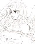  angel_wings bare_shoulders breasts cleavage closed_mouth commentary_request elbow_gloves eyebrows_visible_through_hair feathered_wings gloves greyscale harumiya large_breasts long_hair looking_to_the_side monochrome nanatsu_no_taizai nerobasta smile wings 