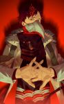  brown_hair coat commentary_request cracking_knuckles fur_trim interlocked_fingers long_sleeves looking_at_viewer male_focus mask open_clothes open_coat original plague_doctor_mask red_background red_eyes scar shadow solo tassel upper_body white_coat yamakawa 