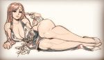  1girl alternate_costume alternate_hairstyle asian bare_arms bare_shoulders braid breasts capcom china_dress chinese_dress chun-li cleavage curvy dark_skin dress earrings eyeshadow female hair_down highres large_breasts legs long_hair lying on_side robert_porter shiny side_braids sketch solo street_fighter street_fighter_v thick_thighs thighs twin_braids 