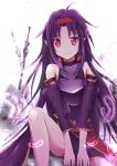 ahoge asymmetrical_clothes bad_id bad_pixiv_id breastplate covered_navel detached_sleeves headband long_hair looking_at_viewer pointy_ears purple_feathers purple_hair rody101651 signature sitting smile solo sword sword_art_online very_long_hair weapon yuuki_(sao) 