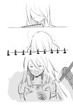  closed_eyes comic drawing greyscale hair_between_eyes hat holding holding_pencil kumaponn laughing machine_(nier) monochrome nier_(series) nier_automata pencil shadow silent_comic sketchbook trembling white_background yorha_type_a_no._2 