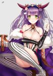  asymmetrical_legwear bell bell_choker blush bottle breasts character_request choker detached_sleeves eyebrows_visible_through_hair fate_(series) green_eyes highres jewelry large_breasts long_hair looking_at_viewer luobo_(nsnr8754) milk_bottle purple_hair ring sitting smile solo striped striped_legwear thighhighs vertical-striped_legwear vertical_stripes very_long_hair 