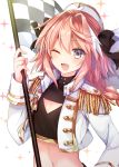 ;d alternate_costume astolfo_(fate) bangs black_bow bow braid checkered checkered_flag cleavage_cutout commentary crop_top epaulettes eyebrows_visible_through_hair fang fate/apocrypha fate_(series) flag gomano_rio hair_bow hair_intakes hand_on_hip hat highres holding jacket long_hair male_focus midriff multicolored_hair navel one_eye_closed open_mouth otoko_no_ko pink_hair purple_eyes race_queen single_braid smile solo sparkle streaked_hair white_background 