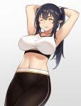  armpits arms_behind_head arms_up bangs black_hair blush breasts clenched_teeth collarbone commentary_request elf elf_(houtengeki) gradient gradient_background houtengeki large_breasts long_hair midriff navel one_eye_closed original pants parted_lips pointy_ears simple_background sleeveless solo sports_bra teeth twintails wristband yellow_eyes yoga_pants 