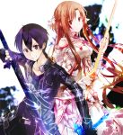  1girl asuna_(sao) belt black_eyes black_gloves black_pants black_shirt breastplate brown_eyes brown_hair detached_sleeves dual_wielding fingerless_gloves floating_hair gloves hair_between_eyes highres holding holding_sword holding_weapon kirito long_hair looking_at_viewer miniskirt pants purple_hair sau_(bluepoper) shirt skirt sword sword_art_online thighhighs very_long_hair weapon white_background white_legwear white_skirt zettai_ryouiki 