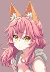  akino_sora animal_ears bare_shoulders blush breasts cleavage closed_mouth commentary eyebrows_visible_through_hair fate/extra fate_(series) fox_ears highres long_hair looking_at_viewer no_nose pink_hair purple_background simple_background solo tamamo_(fate)_(all) tamamo_no_mae_(fate) upper_body yellow_eyes 
