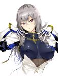  azur_lane bangs breastplate breasts commentary corset diamond_(shape) fleur_de_lis floating_hair gauntlets grey_hair hair_between_eyes hair_ornament half-closed_eyes head_tilt hiiragi_yuuichi impossible_clothes large_breasts long_hair looking_away machinery miniskirt mole mole_under_eye parted_lips pleated_skirt pointing pointing_at_self red_eyes saint-louis_(azur_lane) sidelocks simple_background skirt solo white_background white_footwear white_skirt 