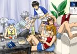  3girls :3 ayanami_rei barefoot black_hair blue_eyes blue_hair blue_shorts brown_hair calendar_(object) cellphone chips commentary_request couch curtains fan food glass glasses hand_on_another's_head ice ice_cube ikari_shinji iphone lying makinami_mari_illustrious multiple_boys multiple_girls nagisa_kaworu neon_genesis_evangelion on_back phone plant potato_chips profile raglan_sleeves reading red-framed_eyewear semi-rimless_eyewear shikinami_asuka_langley shirt short_shorts short_sleeves shorts silver_hair sleeveless smartphone souryuu_asuka_langley suimame t-shirt table tray two_side_up under-rim_eyewear 