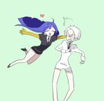  androgynous bangs blue_hair blunt_bangs cairngorm_(houseki_no_kuni) crystal_hair gem_uniform_(houseki_no_kuni) golden_arms houseki_no_kuni imminent_hug multiple_others necktie phosphophyllite phosphophyllite_(ll) short_hair shorts shumiko_(kamenokoueki) smile spoilers white_hair 