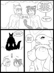  animal_humanoid anthro big_breasts breasts canine comic dialogue digimon english_text female forest fox_humanoid hi_res humanoid male mammal monochrome nipples nude renamon speech_bubble text tree volezor 