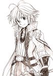  ahoge alternate_costume belt cape closed_mouth commentary_request gauntlets gem greyscale hair_between_eyes harumiya high_collar holding holding_sword holding_weapon left-handed looking_at_viewer meliodas monochrome nanatsu_no_taizai smile sword weapon 