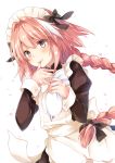  alternate_costume apron astolfo_(fate) bangs black_bow blush bow braid commentary dutch_angle eyebrows_visible_through_hair fang fate/apocrypha fate_(series) finger_licking food food_on_face frills gomano_rio hair_bow hair_intakes heart highres icing juliet_sleeves licking light_smile long_hair long_sleeves looking_at_viewer maid_apron maid_headdress male_focus multicolored_hair otoko_no_ko pastry_bag pink_hair puffy_sleeves purple_eyes single_braid solo streaked_hair tongue white_background wrist_cuffs 