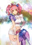 absurdres asymmetrical_legwear asymmetrical_sleeves bangs blue_flower bracelet breasts cleavage_cutout cowboy_shot crop_top eyebrows_visible_through_hair flower hair_flower hair_ornament hairband hand_on_hip highres jewelry large_breasts long_hair looking_at_viewer macross macross_delta makina_nakajima midriff mita_chisato navel necktie pink_hair purple_hairband red_eyes ring shiny shiny_skin shirt short_necktie short_shorts shorts smile solo standing stomach taut_clothes taut_shirt thighhighs twintails white_legwear white_neckwear white_shorts 