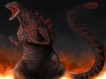  burning claws commentary_request destruction fire flame godzilla godzilla_(series) highres kaijuu monster no_humans open_mouth realistic science_fiction sharp_teeth shin_godzilla standing tail teeth 