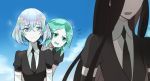  androgynous black_hair black_neckwear black_shorts bort collared_shirt crystal_hair diamond_(houseki_no_kuni) gem_uniform_(houseki_no_kuni) green_hair houseki_no_kuni long_hair multicolored_hair multiple_others necktie phosphophyllite puffy_short_sleeves puffy_sleeves rainbow_hair shirt short_hair short_sleeves shorts shumiko_(kamenokoueki) white_shirt 