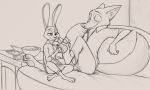  2018 anthro bowl canine claws clothed clothing controller disc_case disney duo eyes_closed female food foot_rub fox fur half-closed_eyes judy_hopps lagomorph long_ears male mammal monochrome nick_wilde pawpads paws popcorn rabbit relaxing remote_control s1m sitting smile sofa table zootopia 
