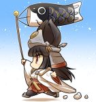  animal_ears arm_up azur_lane black_hair chibi commentary gradient gradient_background headgear hisahiko japanese_clothes koinobori long_sleeves nagato_(azur_lane) nagato_(azur_lane)_(old_design) pleated_skirt red_eyes sandals skirt solo thighhighs wide_sleeves 